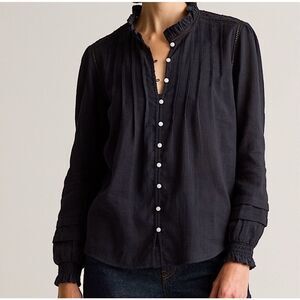 Quince Textured Cotton Peasant Blouse Black Puff Sleeved Top Size Medium